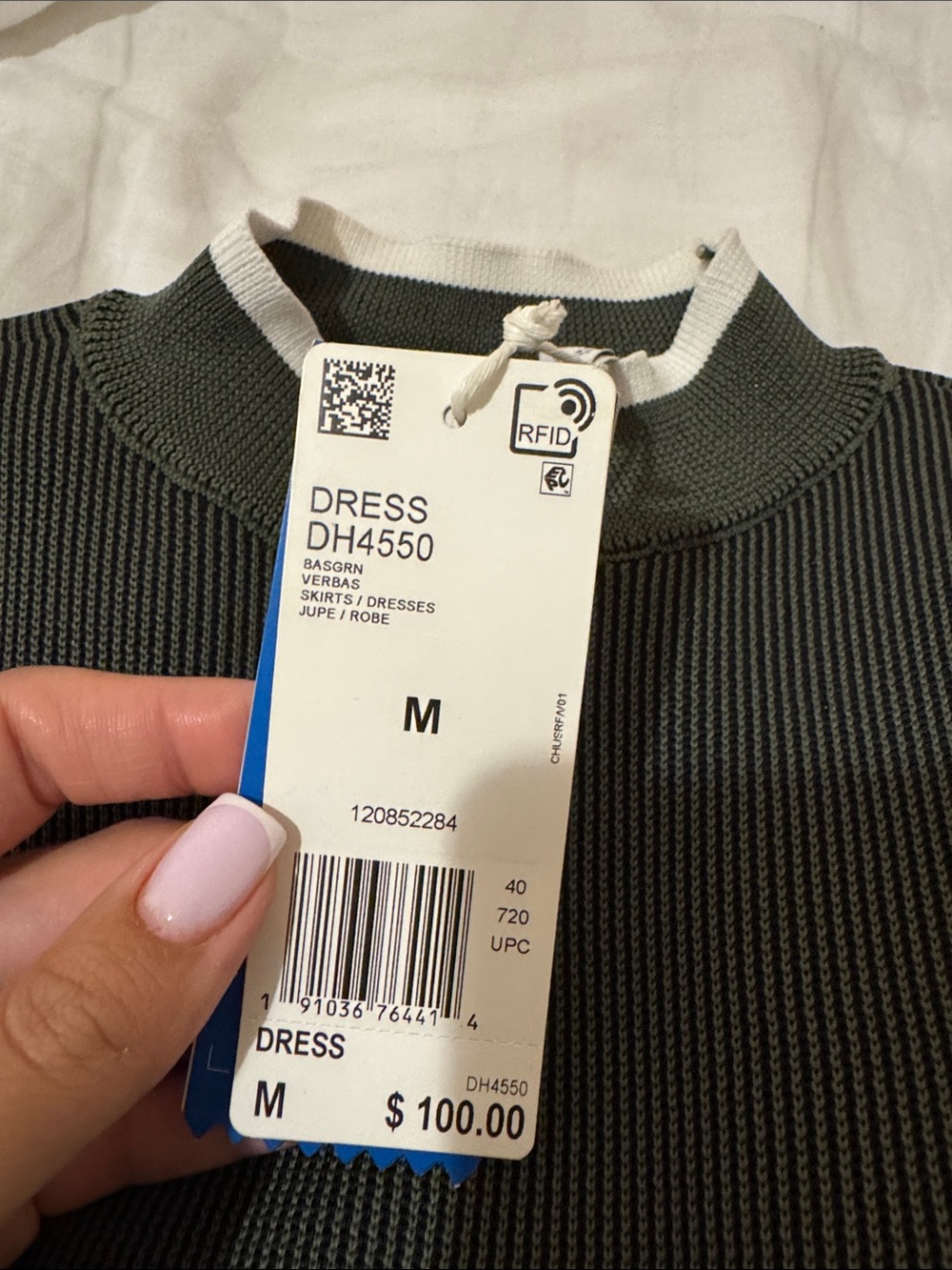 adidas Long Sleeve Olive Green Bodycon Knit Dress with Black & White Accents - Picture 2 of 2